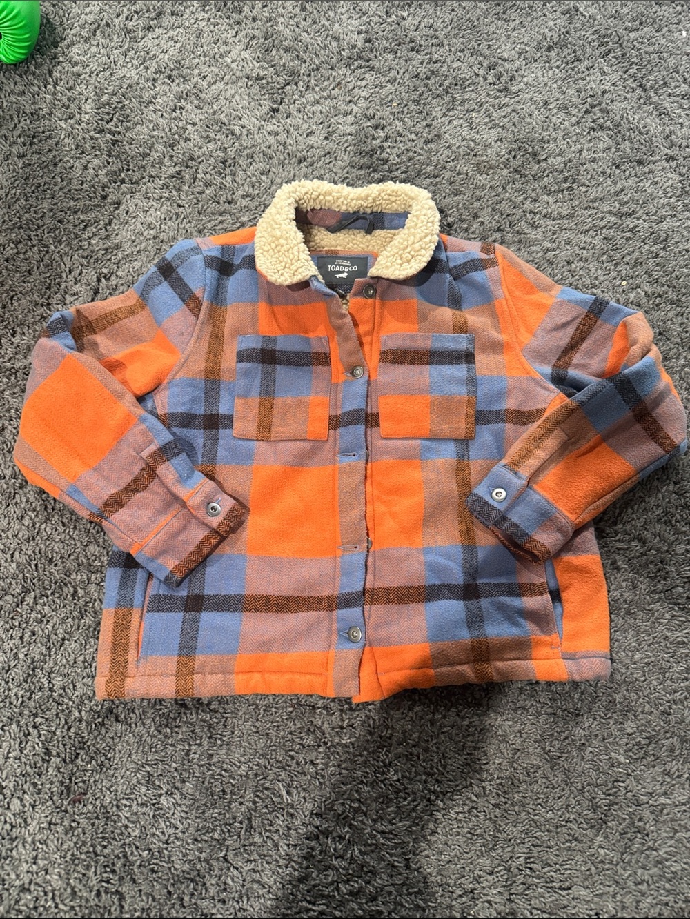Toad&Co Orange and Blue Plaid Sherpa Collar Utility Jacket